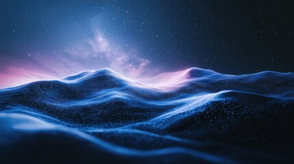 A serene, ethereal landscape with a glowing, ethereal light source in the distance, creating a mystical and otherworldly atmosphere.