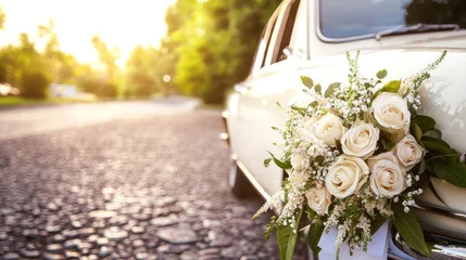 A vintage car with a white floral arrangement on the hood, parked on a road with trees in the background.