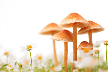 Fototapeta premium a group of mushrooms sitting on top of a lush green field