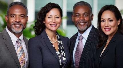 Four business professionals standing in an office setting, dressed in formal attire.