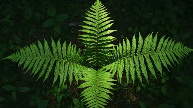 Green fern leaves arranged in symmetrical pattern on forest floor  