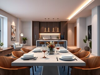 Modern Open-Plan Interior with Dining Room, Kitchen, and Living Room in Harmony