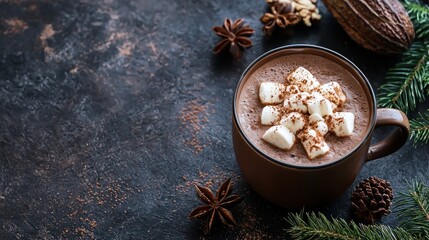 A mug of hot chocolate with marshmallows and spices, garnished with a sprig of greenery, on a dark, rustic background with a mix of natural and artificial elements.