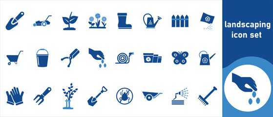 Icons related to landscaping, gardening, lines, tools, outlines, design, farming, black, garden, pruning, compost, garden tools, watering plants, garden shears, garden kit and more.