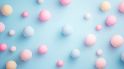 A colorful abstract background featuring pastel-colored spheres on a light blue background.