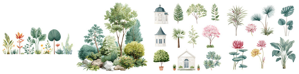 Fototapeta premium Watercolor Set of Trees, Flowers, and Garden Elements
