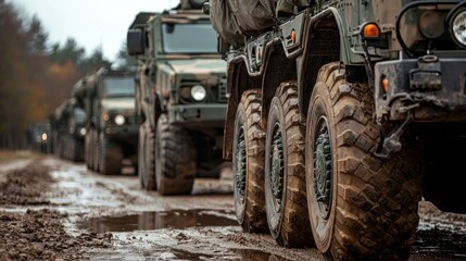 A row of military trucks on a muddy road with autumn trees in the background.