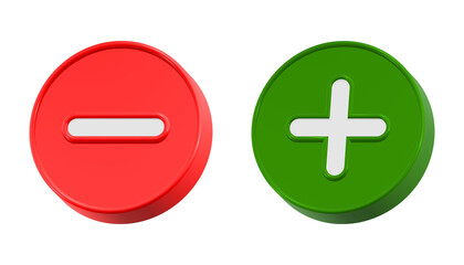 Bright green plus and red minus 3D icons isolated on transparent background