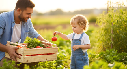Obraz premium A happy father and his young child are harvesting fresh organic tomatoes in a garden at sunset. A heartwarming concept of family bonding, learning, and healthy lifestyle