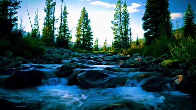Mountain stream at dawn &ndash; crystal-clear mountain water trickling over smooth boulders, soft golden hour light, thin wispy clouds drifting slowly above, moss-covered rocks and pine saplings static