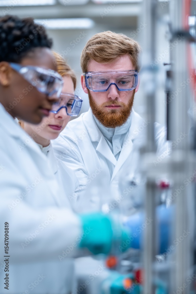 Poster a diverse group of scientists in lab coats working together in a laboratory setting, focused on scie