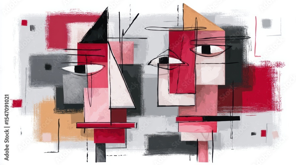 Aufkleber abstract face with red and black squares, a modern art exploration of identity emotion through geome
