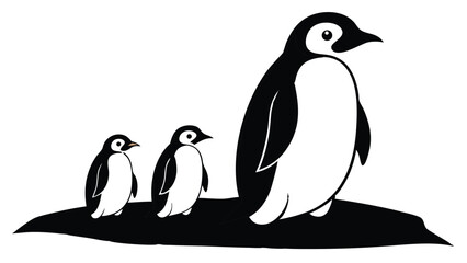Fototapeta premium A simple black and white illustration of a penguin family standing together on a plain black surface