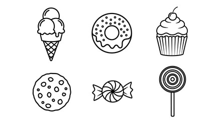 Vector assortment of delectable sweets including ice cream donut cupcake cookie and two candies drawings