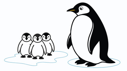 Obraz premium Adorable cartoon illustration of an adult penguin and three baby penguins on an ice floe in a clean environment