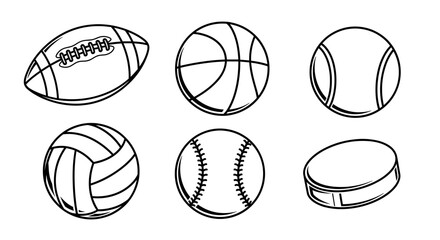 Vector an assortment of sporting equipment including balls and puck in a line art style illustration graphic design