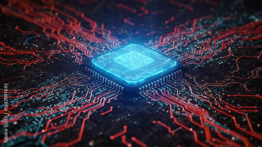 Poster close-up of a glowing circuit board with a central processor chip