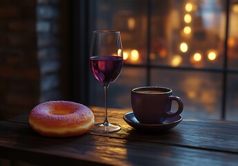 Table mockup with pink donut red wine and coffee by window