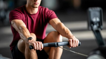 Young man and adult male exercising rowing machine gym, focused and determined, wearing sportswear, close up hands and arms, fitness workout and strength training, healthy active lifestyle - Powered by Adobe