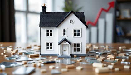 house model amidst broken glass, with a declining graph in the background, top view with clear copy space at the bottom for photos.