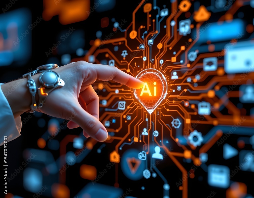 Poster futuristic close up of a human finger touching a robot hand on the left side, symbolizing ai connect