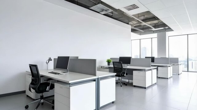 Bright modern open office space featuring multiple workstation setups with computers and ergonomic chairs, large windows with city view, clean aesthetic and white walls.