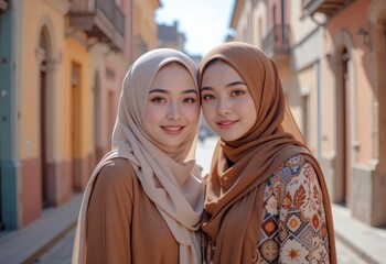 Two women wearing elegant hijabs smile warmly in a charming outdoor street laden with vibrant buildings, reflecting a sense of harmony, beauty, friendship, modesty, and cultural pride.