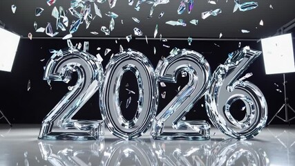 Crystal Glass 2026 Numerals Shatter and Reassemble in Reverse - Powered by Adobe