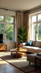 Cozy and inviting living room interior with comfortable furniture, natural light streaming through large windows, and stylish decor Perfect for relaxation and entertainment , sitting room, modern