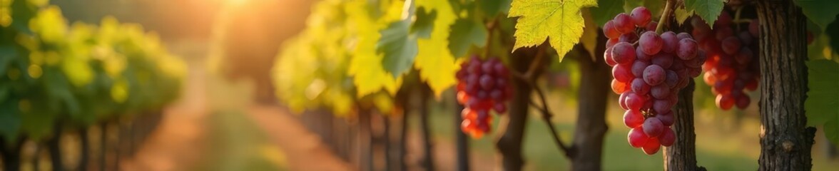 Sunlight streams through leaves onto ripe bunches of grapes hanging heavy on a vine, ready for harvest The vineyard is bathed in autumnal hues , food, outdoor, autumn