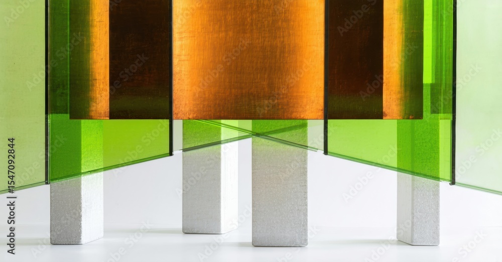 Poster Abstract installation. Glass panels supported by concrete blocks. Warm, cool colors intersect creating visual interest. Minimalist composition.