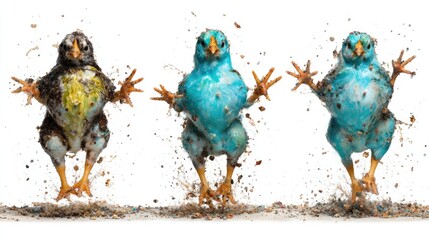 Colorful birds splashing in a burst of dust and debris