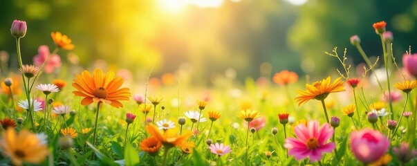 Vibrant sunlit meadow bursting with wildflowers, creating a joyful and carefree atmosphere Perfect for projects needing a cheerful and optimistic backdrop , carefree, sunshine, purple