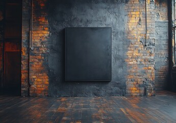 Black canvas mockup on dark brick wall in industrial room

