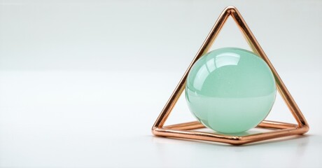 Minimalist sculpture. Sphere rests within triangular frame. Soft lighting highlights smooth surfaces, clean design. Modern aesthetic.