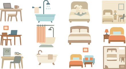Flat Travel Room Interior Icon Set Bed, Bath, and Workspace Variations  for Hospitality and Accommodation Design | AI Generative