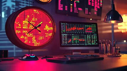 High-tech trading desk with vibrant graphs and a clock, showcasing market activity in a modern office - Powered by Adobe