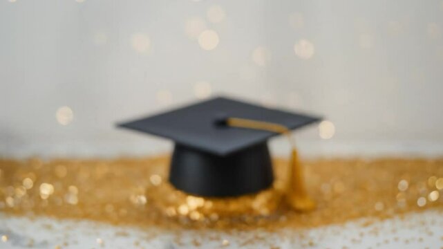 Graduation Cap on Golden Glitter Festive Flatlay. 4k video