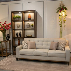 Modern room interior with modular sofa arrangement, spotlighted shelf display, standing decorative vases, contemporary living space design, stylish furniture, and elegant decor

