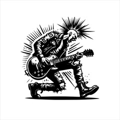 Fototapeta premium Black and White Punk Rock Guitarist Vector Logo Isolated on White Background