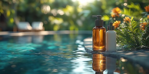 Shampoo and conditioner mockup by pool with greenery and flowers

