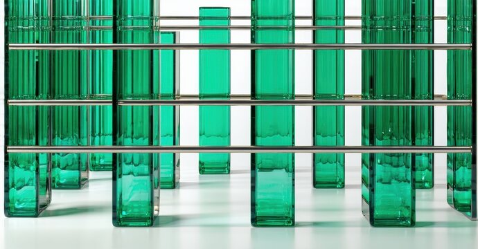 Modular shelving unit. Green glass blocks supported by metal framework. Minimalist design, clean lines, modern aesthetic. Bright, vibrant color. - Powered by Adobe