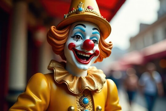A whimsical golden clown statue, ornate details, bright cheerful colors, perfect for circus, carnival, or festive themes Ideal for whimsical, playful, and celebratory imagery , bright, event, circus