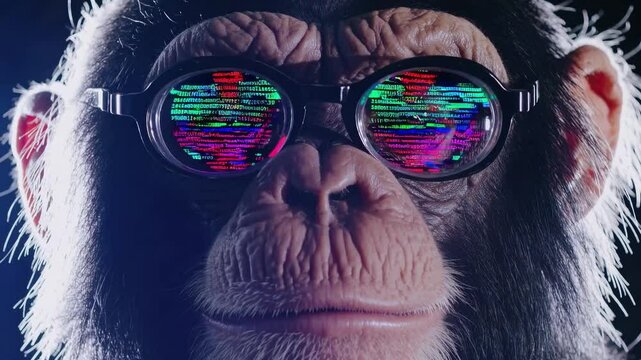 Chimpanzee Front View Adjusting Glasses with Flickering Programming Code in Lenses