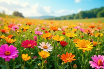 A large, irregular mass of vibrant summer flowers, bursting with color and texture, sits in a sun-drenched field, conveying a sense of abundance and carefree joy , mass, flowers
