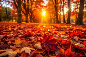 Red maple leaves scattered on forest floor at sunset, autumn scene