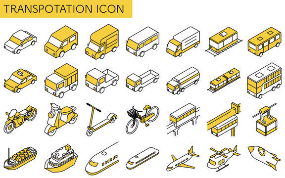 Vehicle icon set, set of simple and cute isometric line drawing icons of bicycles, motorcycles, cars, public transportation, etc