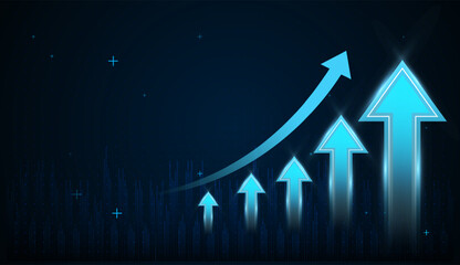 The upward three arrows concepts with light blue arrows chart low to high value of finance, business, trading, currency, banking, growing in vector illustration