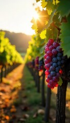 Sunlight streams through vineyard rows, illuminating ripe grapes hanging heavy on the vines, ready for harvest A picturesque autumn scene at a family-owned winery , wine, red