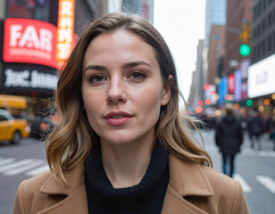 Windblown woman in shearling jacket crossing busy New York street